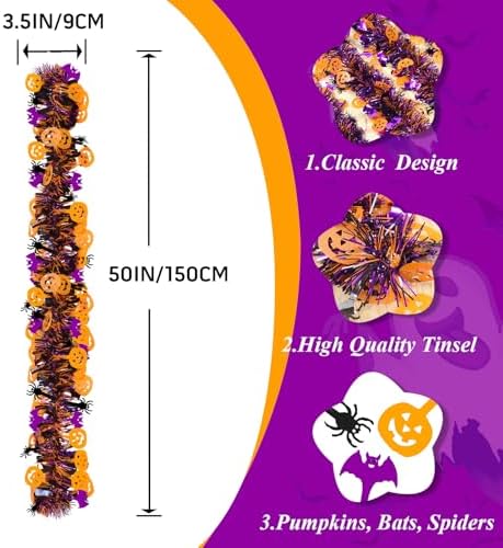 Garland Decorations,50Ft Glitter Tinsel Pumpkin Bats Spider Garland Decor for Tree Car Golf Cart Parade Float, alternate view