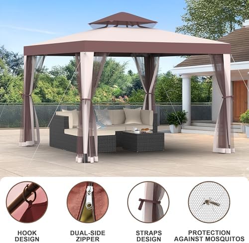 Gazebo, 10'x10' Patio Gazebo Outdoor Waterproof Canopy Tent UV-Resistant 2-Tier Top Sturdy Canopy Shelter Tent, alternate
