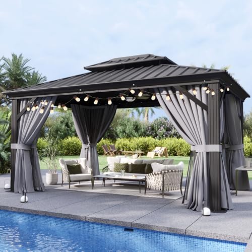 Gazebo 10x12 Hardtop Gazebo with LED Lights, Gray in Gray