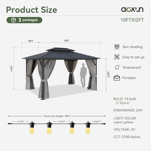 Gazebo 10x12 Hardtop Gazebo with LED Lights, Gray in Gray, alternate view 2