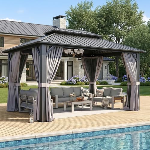 Gazebo 10x14 Hardtop Gazebo with Double Galvanized Steel Roof, Gray in Gray