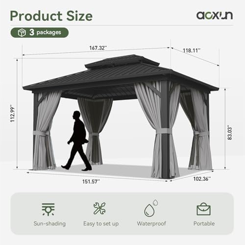 Gazebo 10x14 Hardtop Gazebo with Double Galvanized Steel Roof, Gray in Gray, alternate view 2