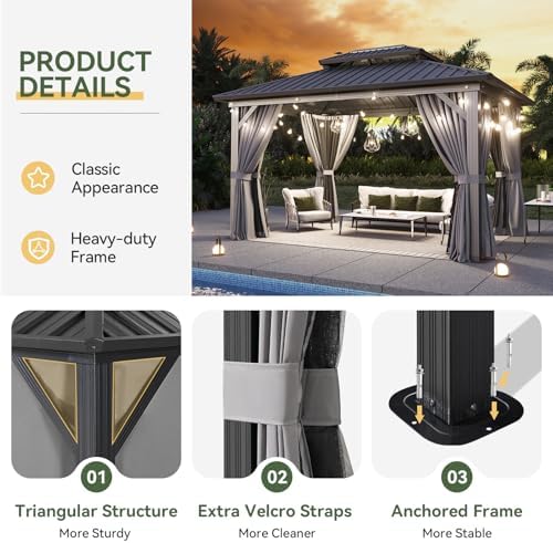 Gazebo 10x14 Hardtop Gazebo with Double Galvanized Steel Roof, Gray in Gray, alternate view 6