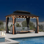 Gazebo 8' x 12' with Light, Curtain and Netting, Wood Grain