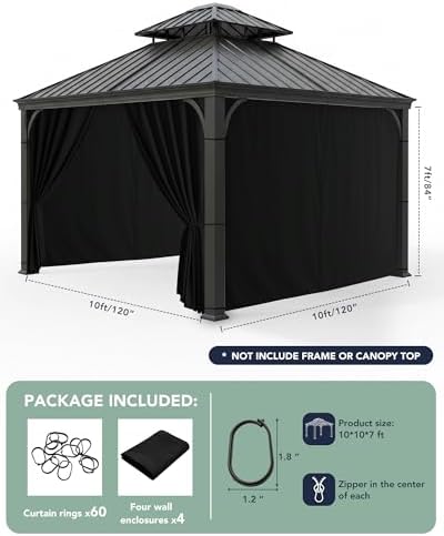 Gazebo Curtains Outdoor Waterproof with Zipper, 4-Panel, Black in Black, alternate view 3