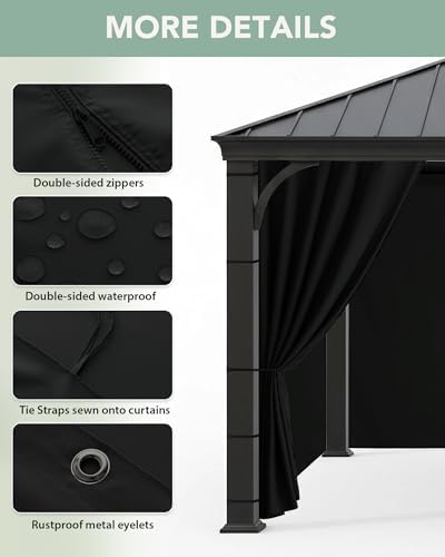 Gazebo Curtains Outdoor Waterproof with Zipper, 4-Panel, Black in Black, alternate view 4