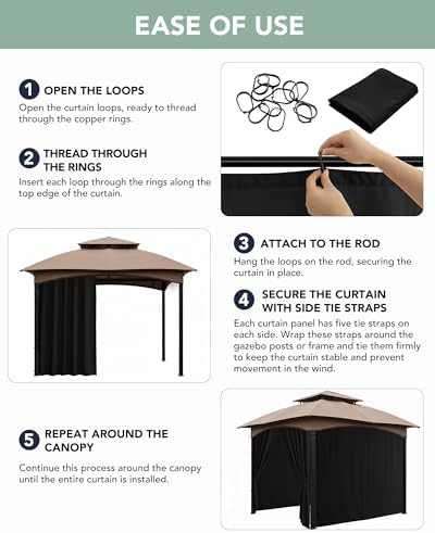 Gazebo Curtains Outdoor Waterproof with Zipper, 4-Panel, Black in Black, alternate view 6