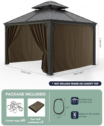 Gazebo Curtains Outdoor Waterproof with Zipper, 4-Panel, Brown in Brown, alternate view 3
