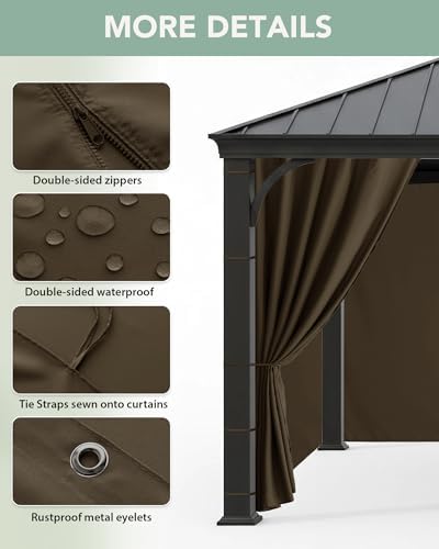 Gazebo Curtains Outdoor Waterproof with Zipper, 4-Panel, Brown in Brown, alternate view 4
