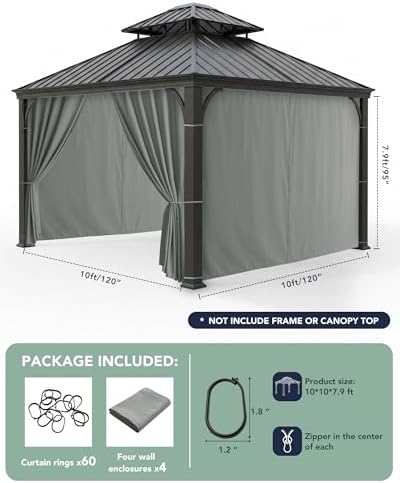 Gazebo Curtains Outdoor Waterproof with Zipper, 4-Panel, Grey in Grey, alternate view 3