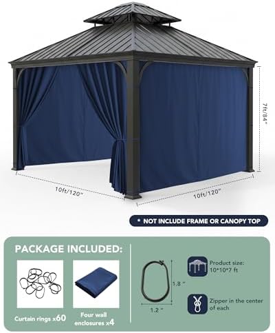 Gazebo Curtains Outdoor Waterproof with Zipper, 4-Panel, Navy, alternate view 3