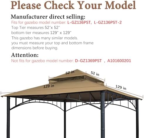 Gazebo Replacement Cover Compatible with Target Madaga 10x10 Gazebo Model L-GZ136PST L-GZ136PST-2/7/9 and Havana, alternate