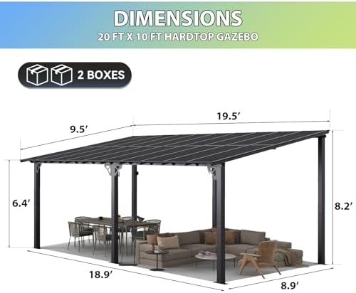 Gazebo with Aluminum Frame & Polycarbonate Panel 20’x10’ Black, alternate view 2
