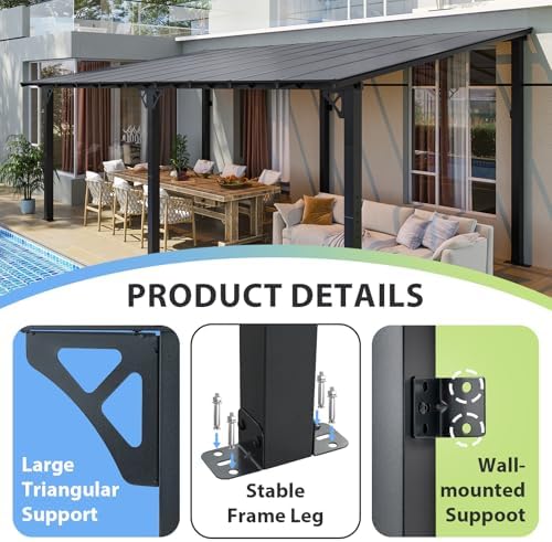Gazebo with Aluminum Frame & Polycarbonate Panel 20’x10’ Black, alternate view 3