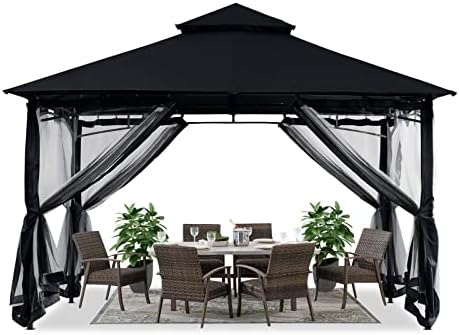 Gazebos for Patios 10x10 with Mosquito Netting, Black in Black