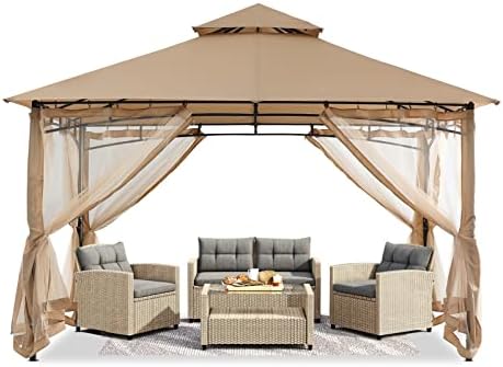 Gazebos for Patios 10x12 with Mosquito Netting, Beige in Beige