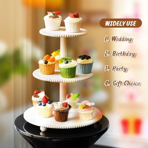 GENMOUS 3 Tier Beaded Cupcake Stand for Farmhouse Wedding Decor, Rustic Wood Cupcake Tower Holder for 24, alternate view 3