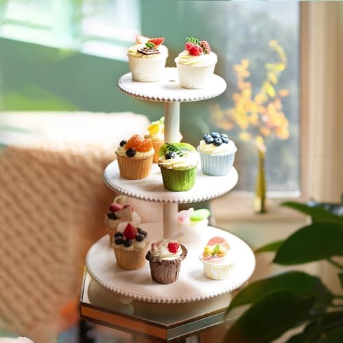 GENMOUS 3 Tier Beaded Cupcake Stand for Farmhouse Wedding Decor, Rustic Wood Cupcake Tower Holder for 24, alternate view 6