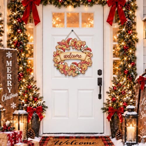 Gingerbread Christmas Decorations Welcome Wreath Wooden Front Door Sign, alternate view 2