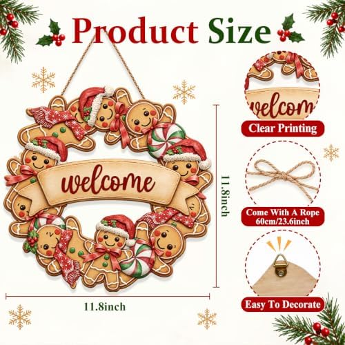 Gingerbread Christmas Decorations Welcome Wreath Wooden Front Door Sign, alternate view 3