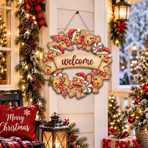 Gingerbread Christmas Decorations Welcome Wreath Wooden Front Door Sign, alternate view 4