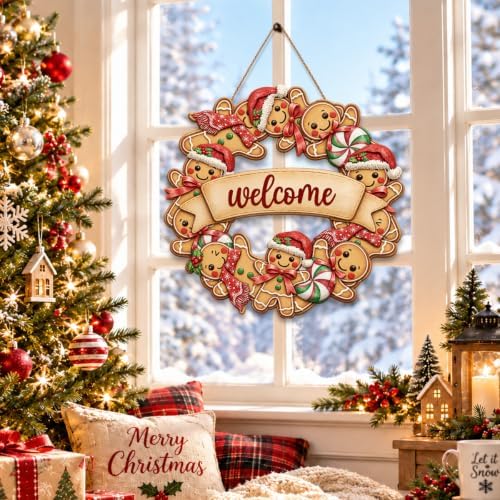 Gingerbread Christmas Decorations Welcome Wreath Wooden Front Door Sign, alternate view 6
