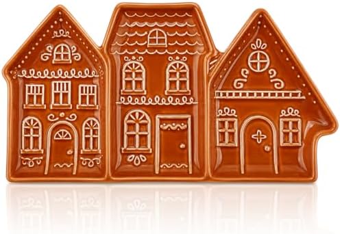 Gingerbread House Tray, 3 Section Ceramic Christmas Serving Platter in 11" x 5.5" in Ceramic