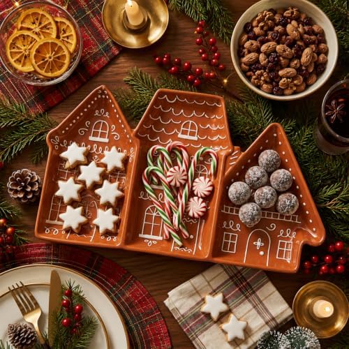 Gingerbread House Tray, 3 Section Ceramic Christmas Serving Platter in 11" x 5.5" in Ceramic, alternate view 2
