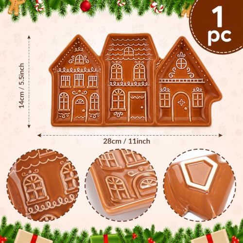 Gingerbread House Tray, 3 Section Ceramic Christmas Serving Platter in 11" x 5.5" in Ceramic, alternate view 3