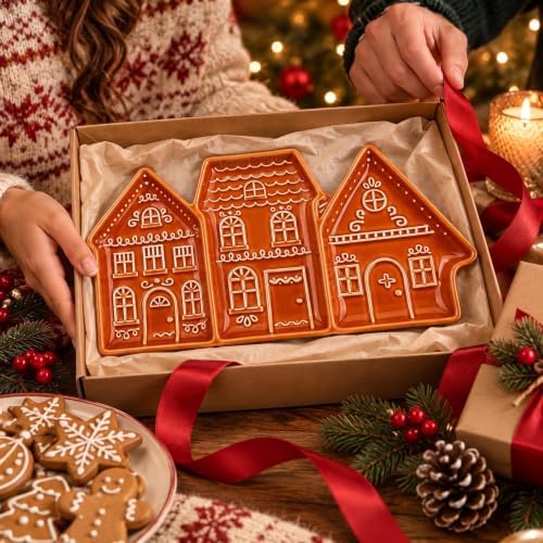 Gingerbread House Tray, 3 Section Ceramic Christmas Serving Platter in 11" x 5.5" in Ceramic, alternate view 4