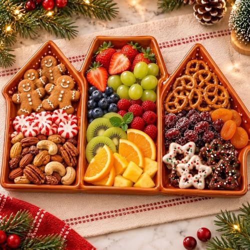 Gingerbread House Tray, 3 Section Ceramic Christmas Serving Platter in 11" x 5.5" in Ceramic, alternate view 5