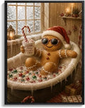 Gingerbread Man Framed Christmas Wall Art, Funny Bathroom Canvas Pictures