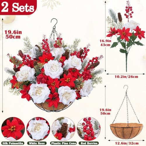 GITDEA 2 PCS Outdoor Artificial Poinsettia Christmas Hanging Flower Baskets, alternate view 3