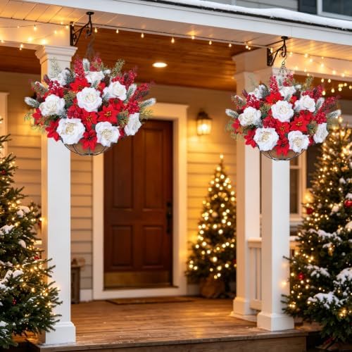GITDEA 2 PCS Outdoor Artificial Poinsettia Christmas Hanging Flower Baskets, alternate view 5