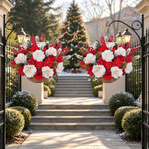 GITDEA 2 PCS Outdoor Artificial Poinsettia Christmas Hanging Flower Baskets, alternate view 7