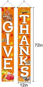 GIVE THANKS Hanging Banner Porch Sign Autumn Pumpkin Maple Leaf Backdrop Flag Fall Harvest Welcome Banner For, alternate view