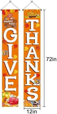 GIVE THANKS Hanging Banner Porch Sign Autumn Pumpkin Maple Leaf Backdrop Flag Fall Harvest Welcome Banner For, alternate view