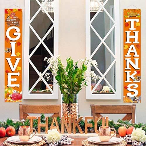 GIVE THANKS Hanging Banner Porch Sign Autumn Pumpkin Maple Leaf Backdrop Flag Fall Harvest Welcome Banner For, alternate view