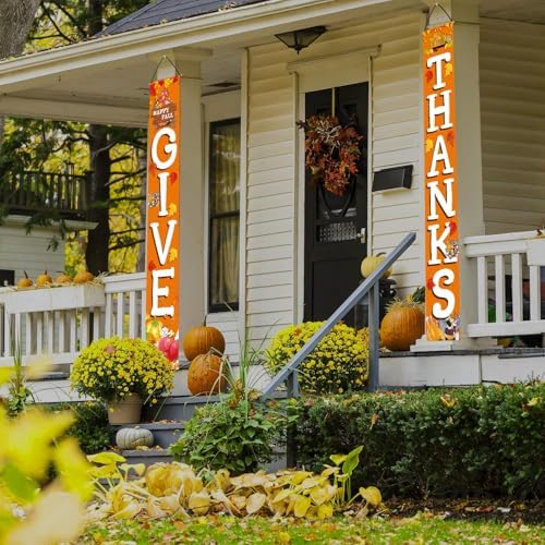 GIVE THANKS Hanging Banner Porch Sign Autumn Pumpkin Maple Leaf Backdrop Flag Fall Harvest Welcome Banner For, alternate view