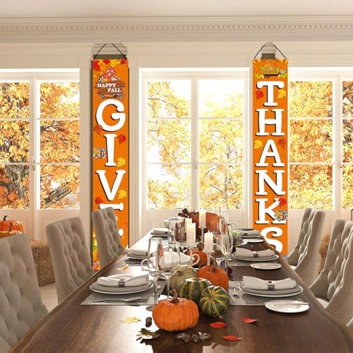 GIVE THANKS Hanging Banner Porch Sign Autumn Pumpkin Maple Leaf Backdrop Flag Fall Harvest Welcome Banner For, alternate view