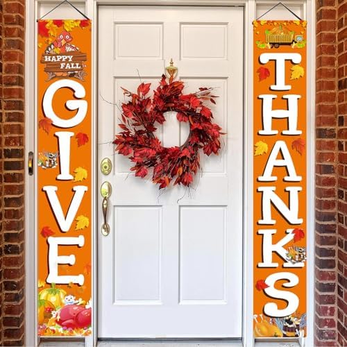 GIVE THANKS Hanging Banner Porch Sign Autumn Pumpkin Maple Leaf Backdrop Flag Fall Harvest Welcome Banner For, alternate view