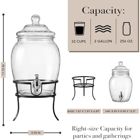 Glass Beverage Drink Dispenser Fortuna with Metal Stand, 2 Gal, alternate view 2