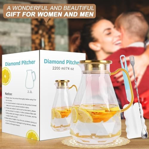 Glass Pitcher, 2.2 Liter Water Pitcher With Lid in Transparent, alternate view 7