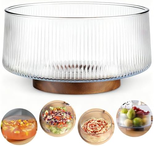 Glass Salad Bowl, Large Serving Bowl, Acacia Wood