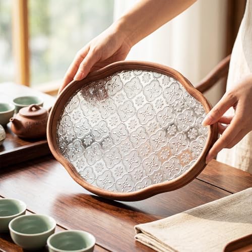 Glass Serving Tray with the Crabapple Pattern and Walnut Rectangular Serving Platter, Vintage Floral Edge