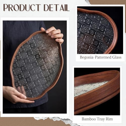 Glass Serving Tray with the Crabapple Pattern and Walnut Rectangular Serving Platter, Vintage Floral Edge, alternate view 3