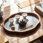 Glass Serving Tray with the Crabapple Pattern and Walnut Rectangular Serving Platter, Vintage Floral Edge, alternate view 5