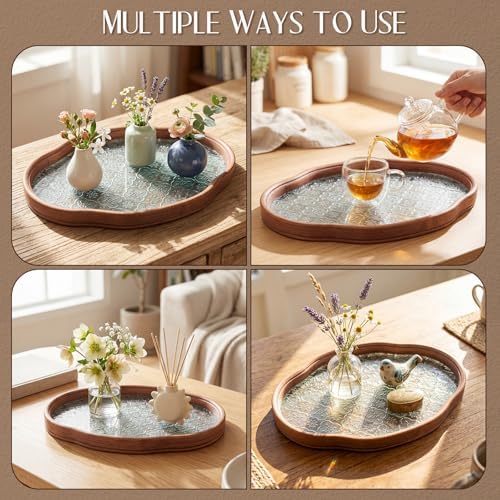 Glass Serving Tray with the Crabapple Pattern and Walnut Rectangular Serving Platter, Vintage Floral Edge, alternate view 6