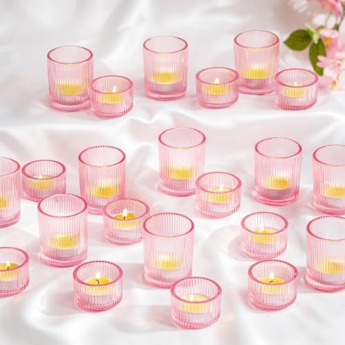 Glass Tealight Candle Holder: 24 PCS Pink Votive Candle Holders Bulk in Pink