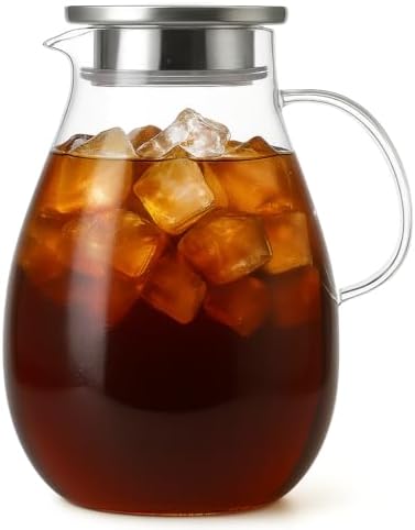 Glass Water Pitcher with Lid, 67oz / 2L Heat-Resistant Jug for Iced Tea, Juice, Coffee, and Daily Use in Clear